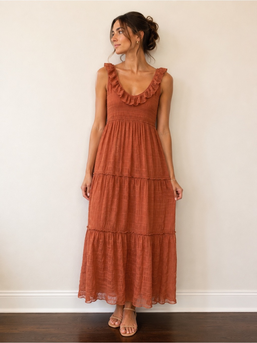 MAX STUDIO Dusty Rose Tiered Maxi Dress Ruffle V-Neck Sleeveless Romantic Boho